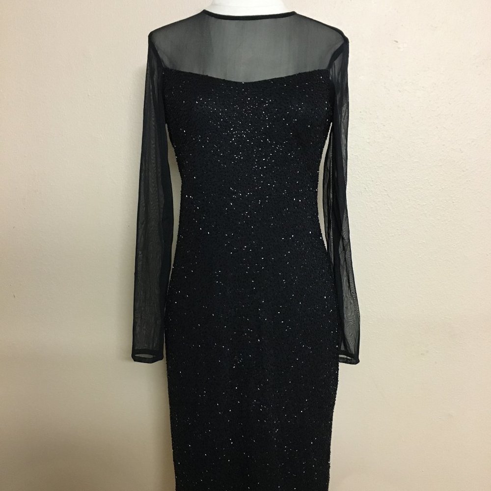 Vintage Marina Bresler Long Sleeve Sheer Black Beaded Dress Cocktail Formal